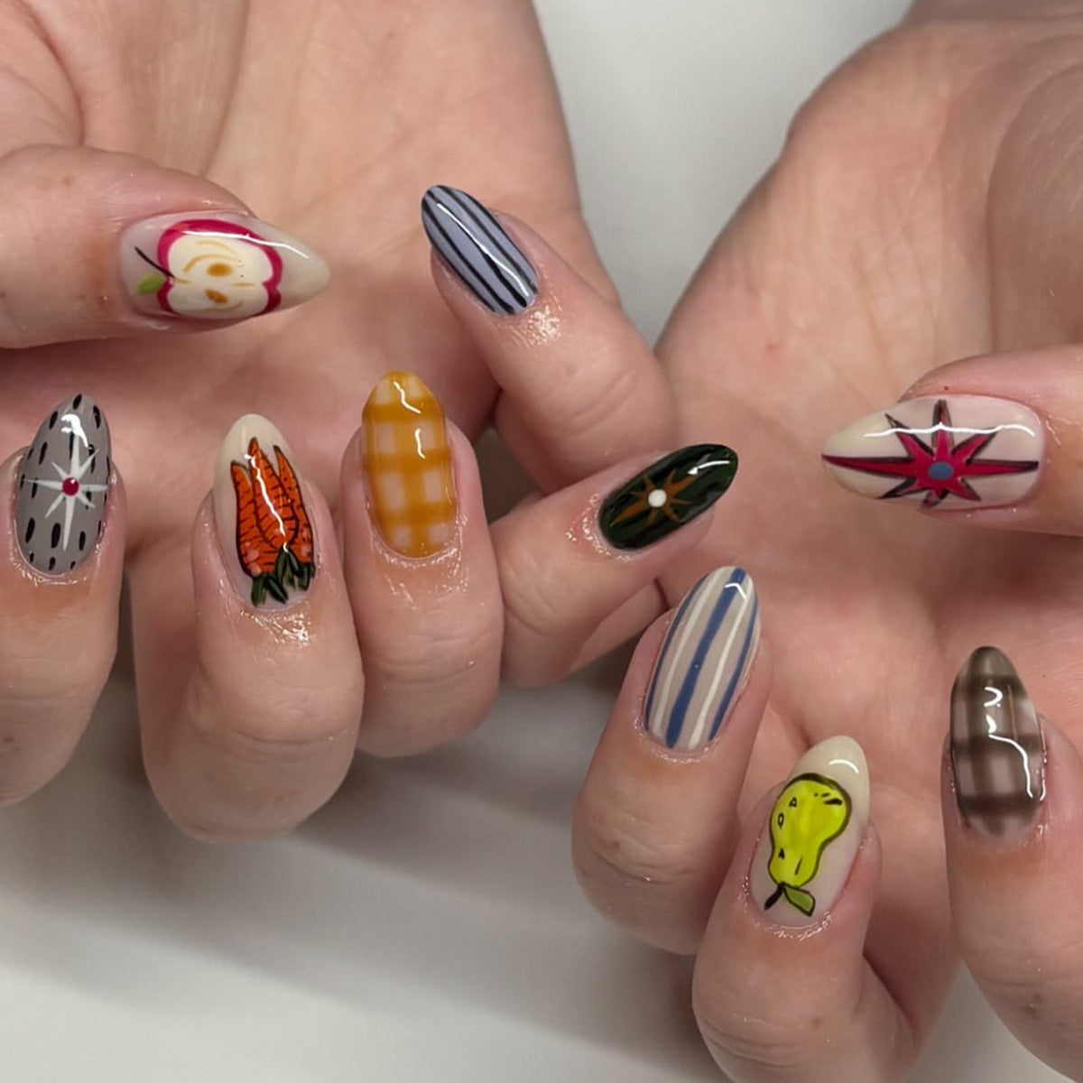 Autumn Vibes Medium Almond Multicolored Press-On Nail Set with Whimsical Design