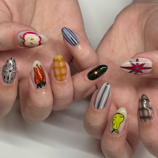 Autumn Vibes Medium Almond Multicolored Press-On Nail Set with Whimsical Design