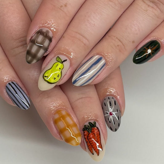 Garden Harvest Medium Almond Green and Brown Art Design Press On Nail Set