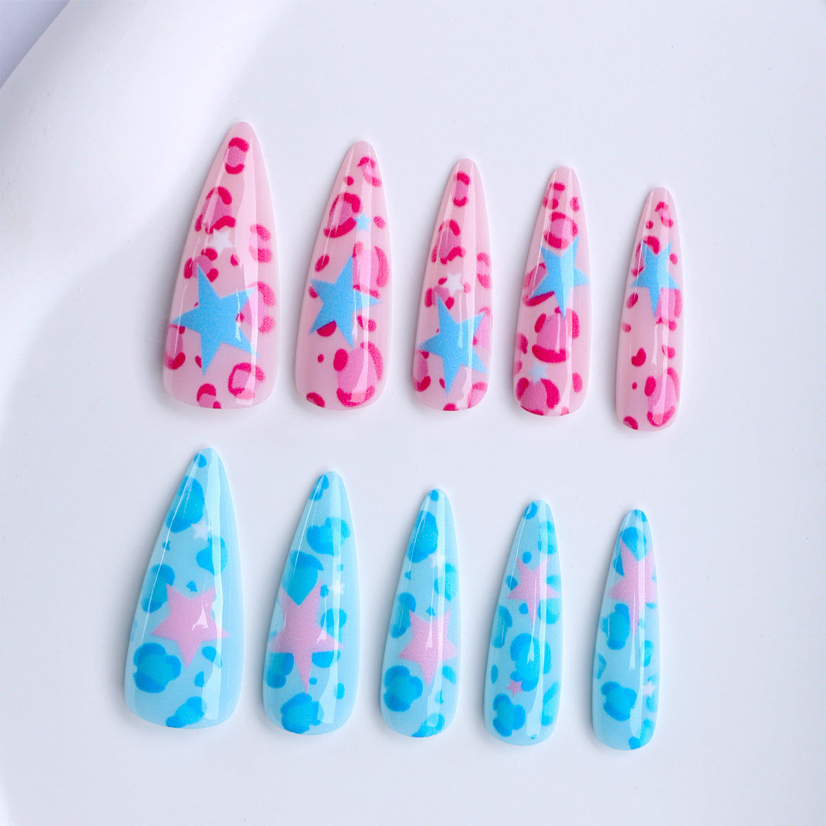 Starry Dreamscape Long Almond Pink and Blue Press on Nail Set with Colorful Star Design
