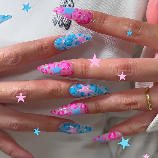 Starry Sky Long Almond Pink and Blue Leopard Print Press-On Nail Set