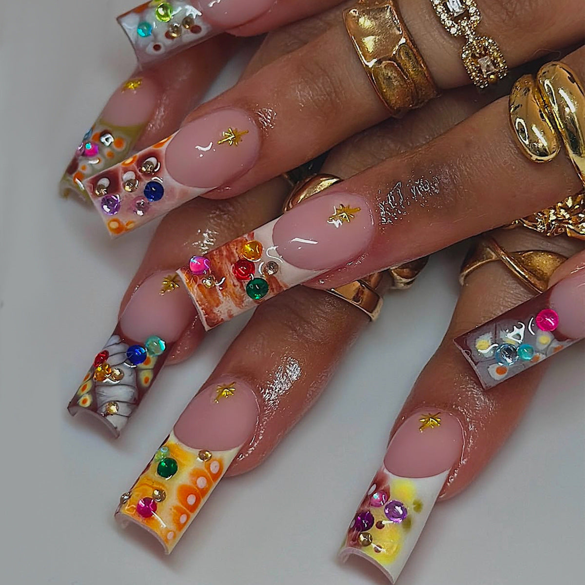 Glamorous Long Square Rainbow Gem Design Press On Nail Set