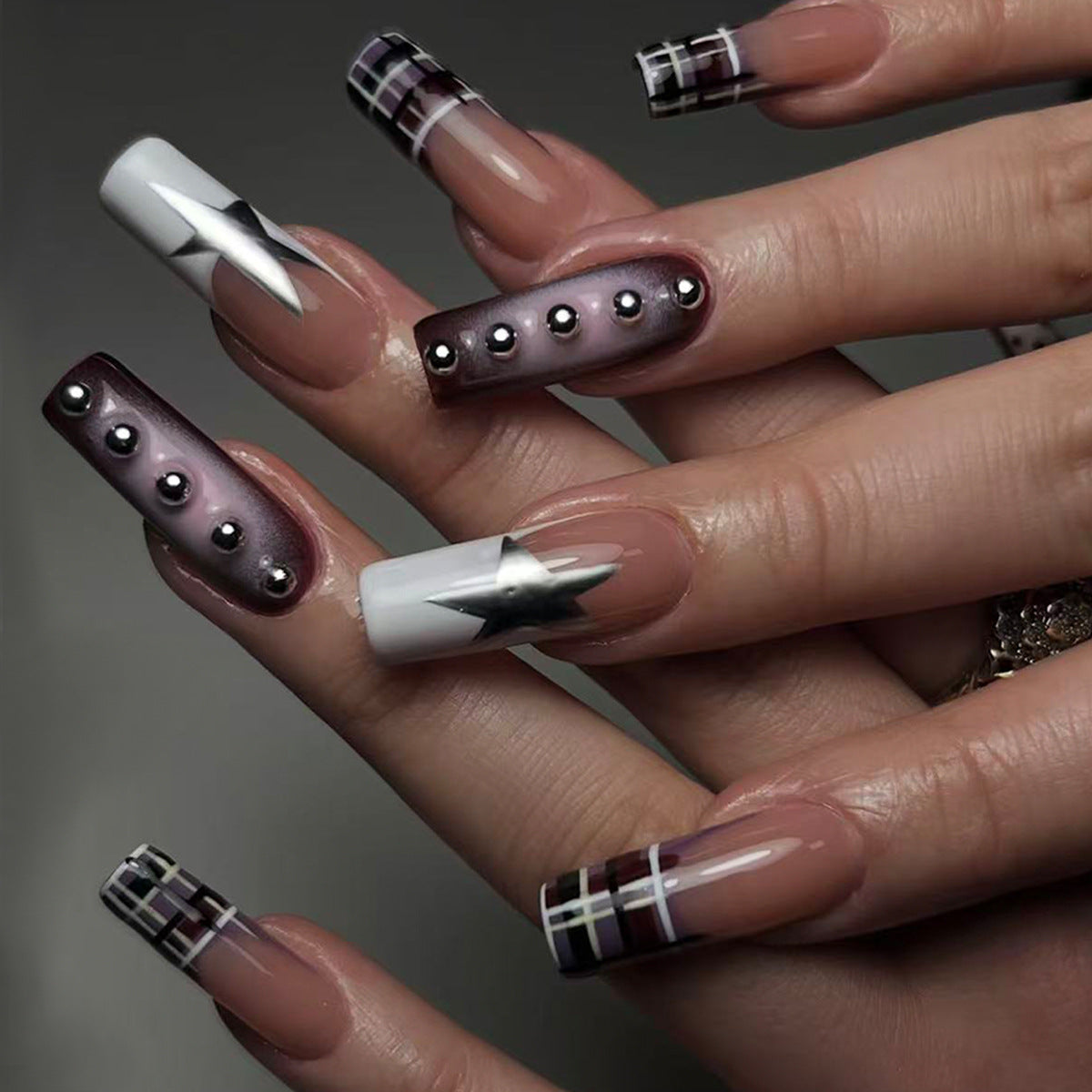 Cosmic Glam Long Square Brown with Star Stud Accents Press On Nail Set