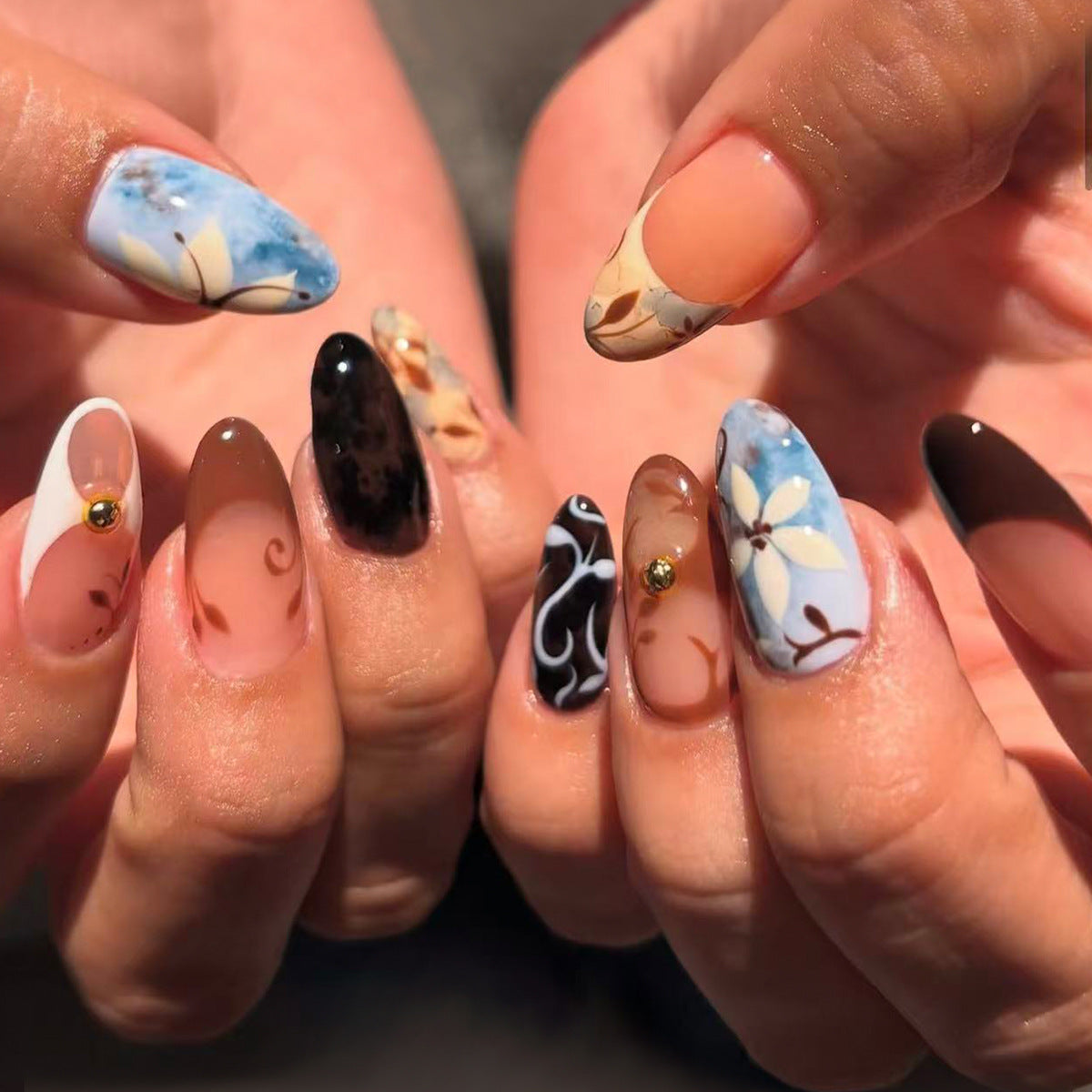 Botanical Bliss Medium Almond Multicolor Floral Accent Nail Set