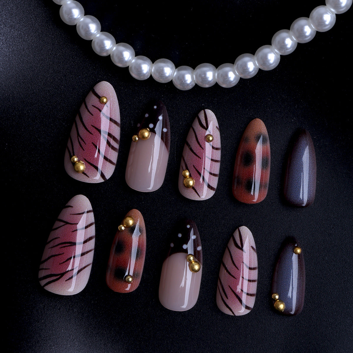 Mystical Autumn Short Stiletto Red and Black Gradient with Gold Accents Press On Nail Set