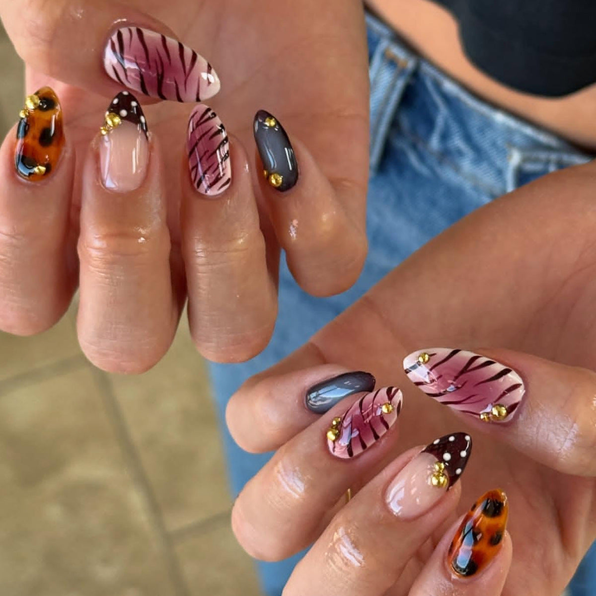Wild and Vibrant Medium Almond Pink and Brown Press on Nail Set with Eye-Catching Patterns