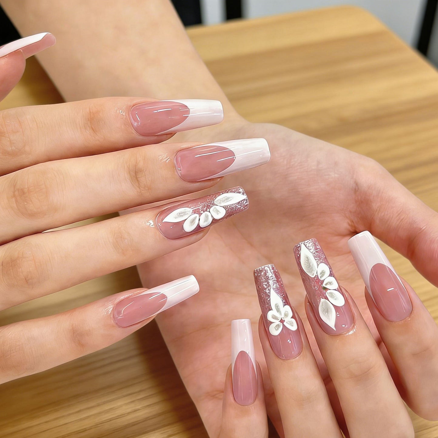 Chic Elegance Long Coffin Blush Pink with Floral Accent Press On Nail Set