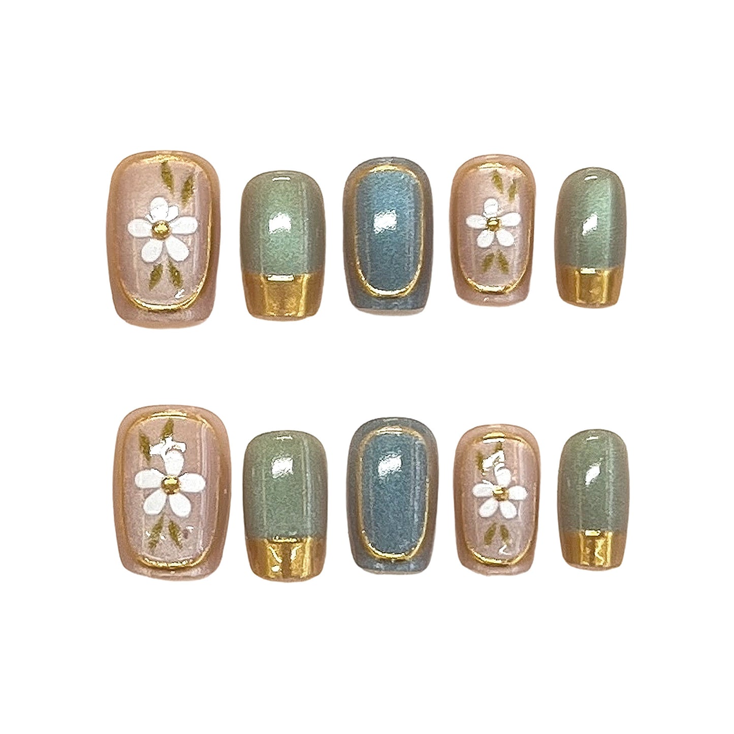 Botanical Serenity Short Square Soft Green and Pink with Gold Accents Floral Design Press On Nail Set