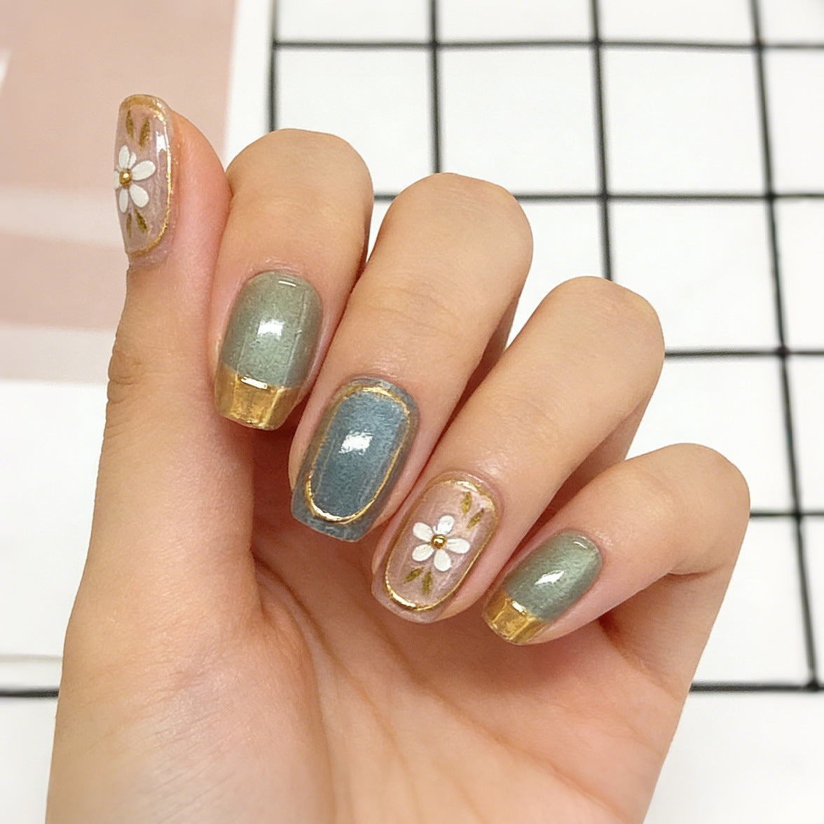 Whimsical Garden Short Square Green and Blue Gradient with Floral Accent and Gold Trim Press On Nail Set