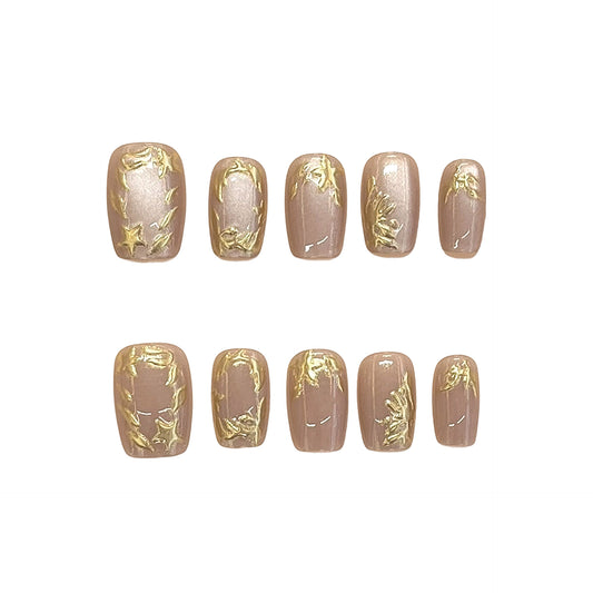 Enchanted Forest Elegant Short Square Beige Nails with Gold Floral Accents