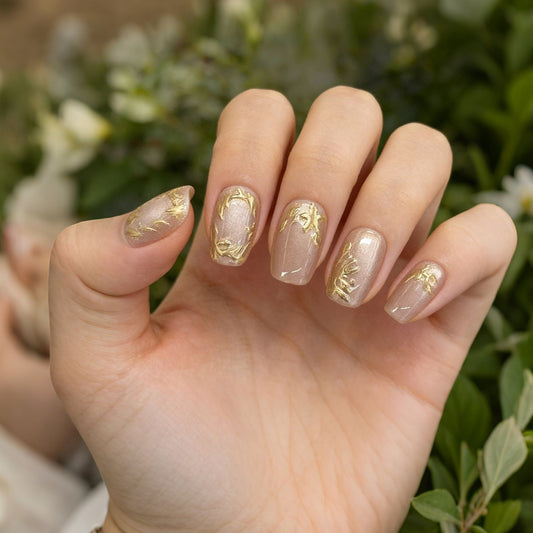 Elegant Garden Dream Short Square Transparent with Gold Floral Accents Press On Nail Set