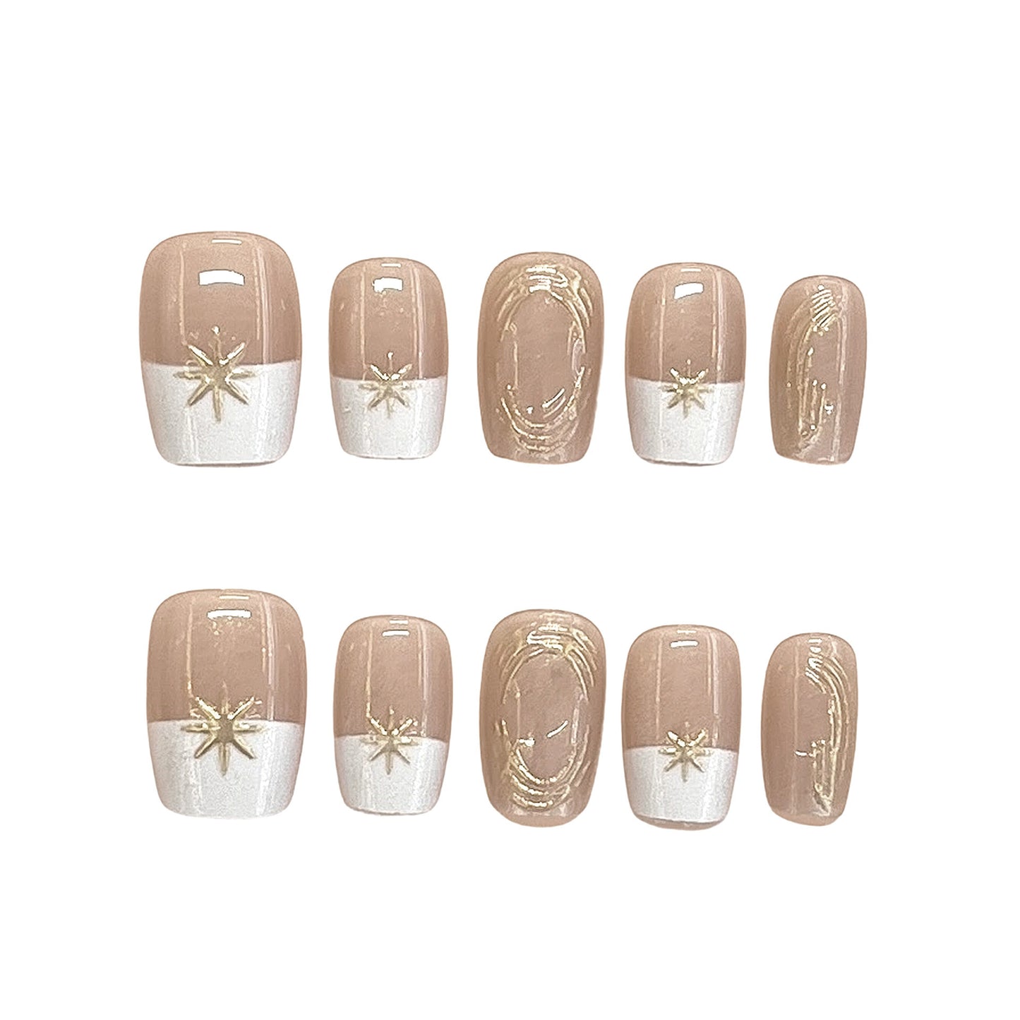 Celestial Elegance Short Square Beige and White Nails with Stunning Gold Star Accent