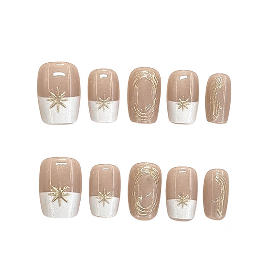 Celestial Elegance Short Square Beige and White Nails with Stunning Gold Star Accent