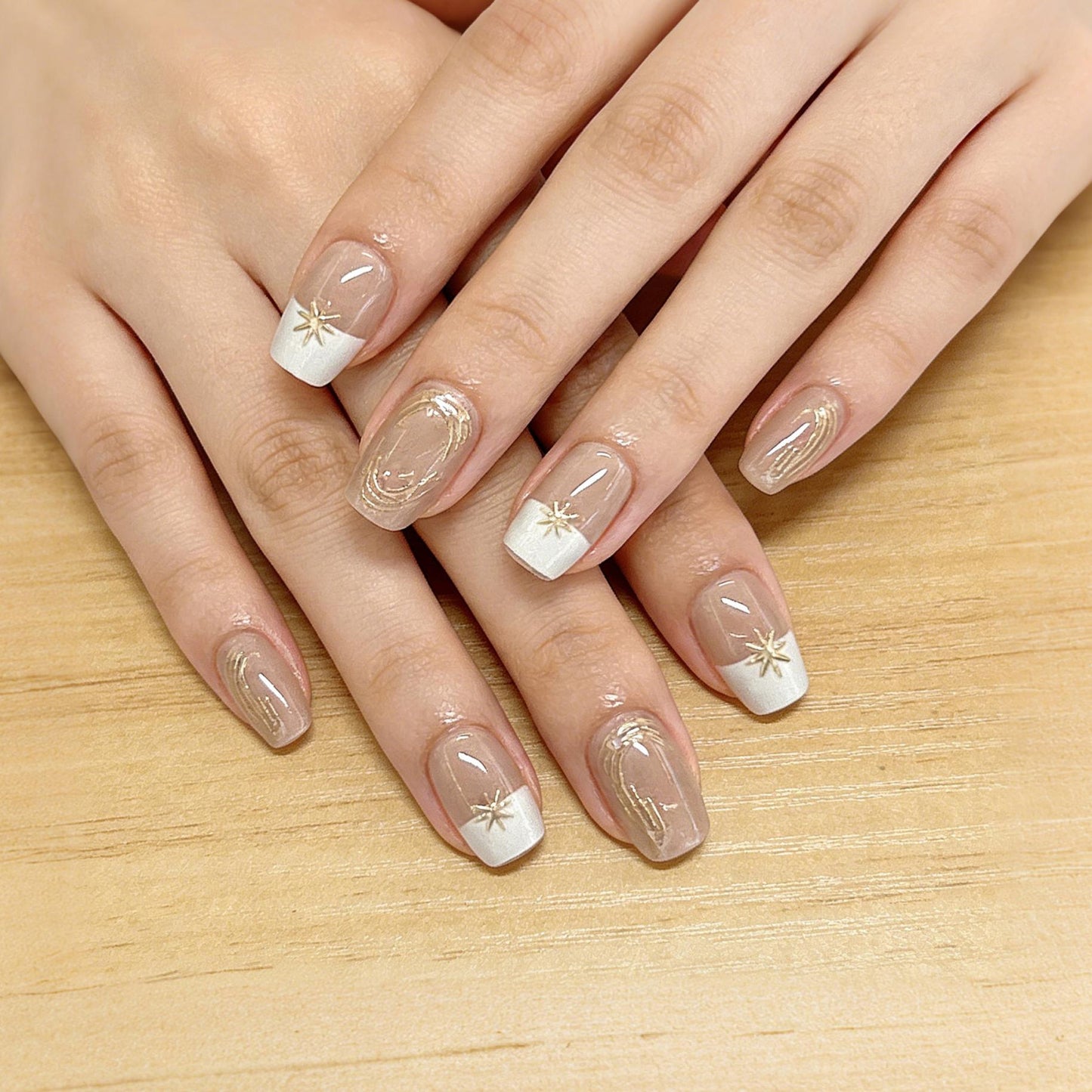 Celestial Elegance Short Square Beige and White Press On Nail Set with Gold Star Accents