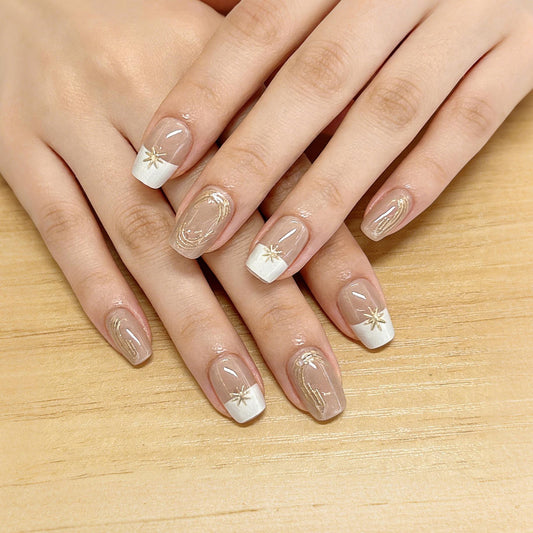 Celestial Elegance Short Square Beige and White Press On Nail Set with Gold Star Accents