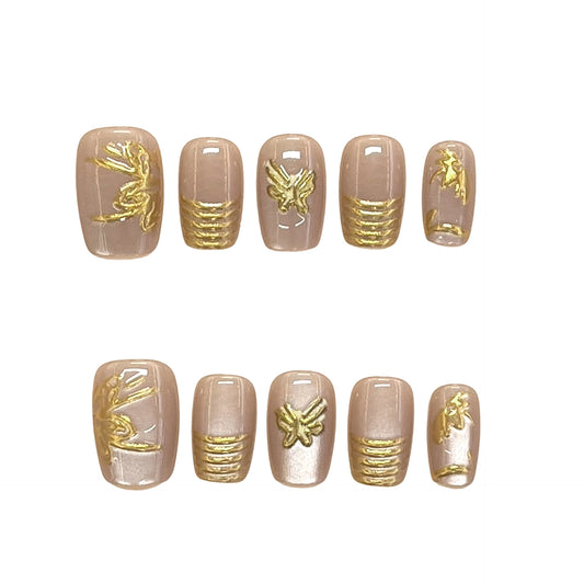 Elegance in Nature Short Square Beige Press On Nail Set with Intricate Gold Detailing