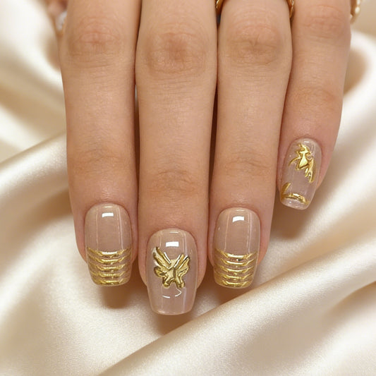 Elegant Garden Themed Short Square Beige Press On Nail Set with Metallic Gold Leaf Design and Textured Accents
