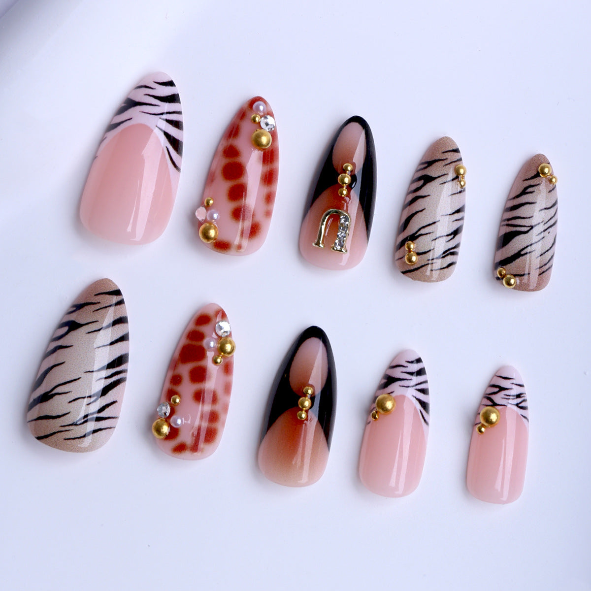 Wild Safari Glamour Medium Almond Beige and Animal Print Nail Set with Decorative Gems