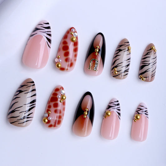 Wild Safari Glamour Medium Almond Beige and Animal Print Nail Set with Decorative Gems
