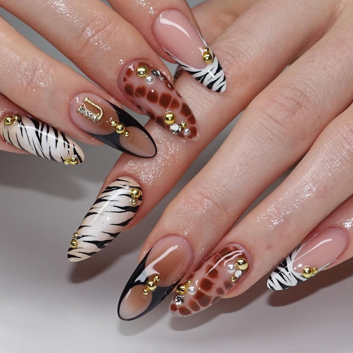 Wild Safari Inspired Medium Almond Multicolor Press on Nail Set with Glamorous Gold Accents