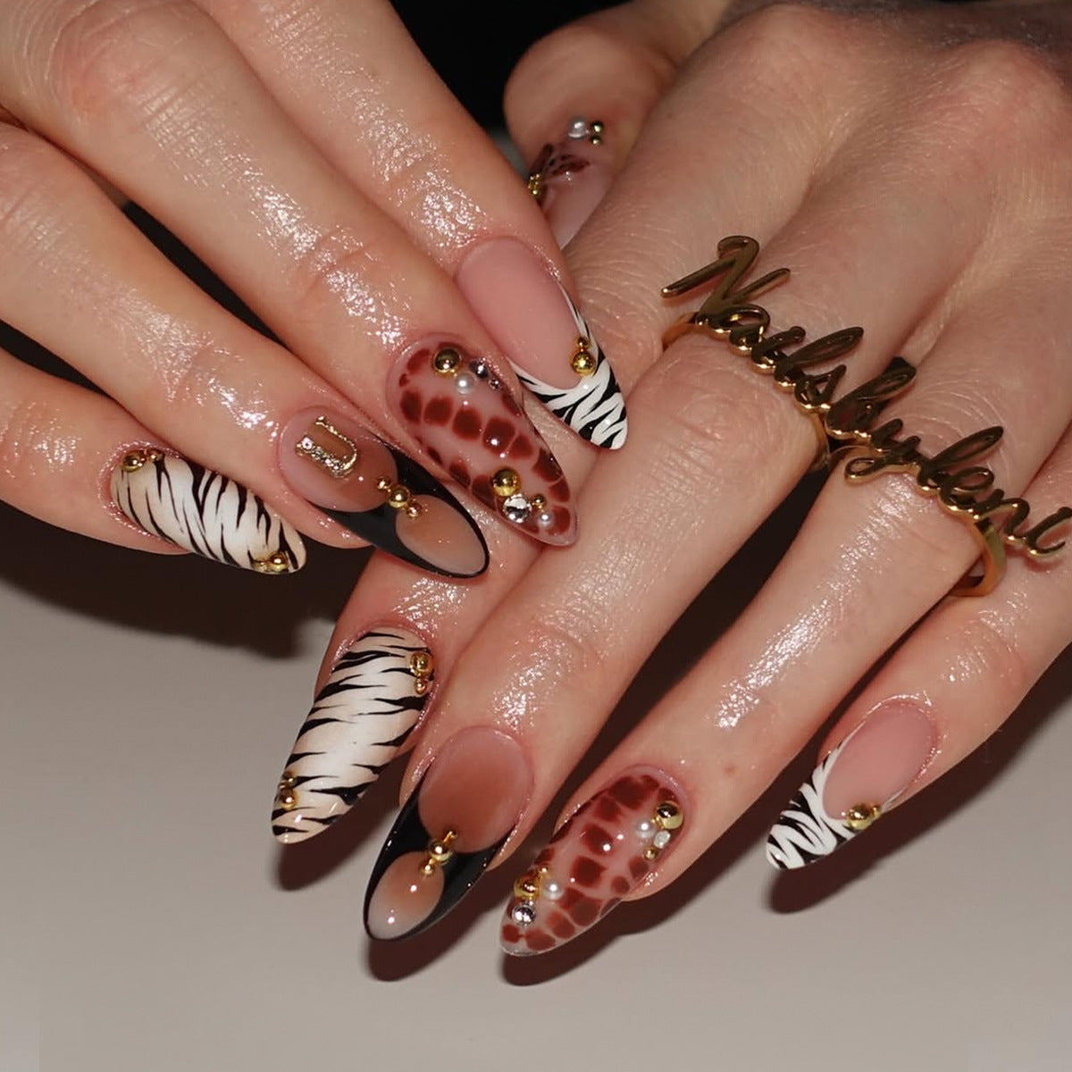 Wild Safari Medium Almond Beige and Black Zebra Print Nail Set with Gold Accents