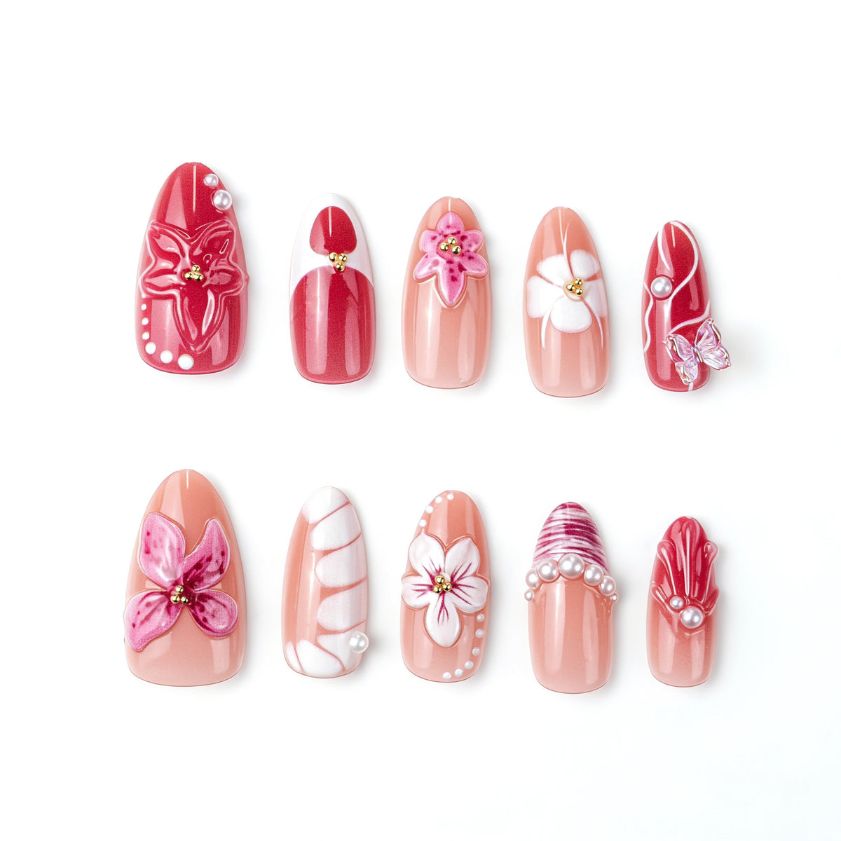 Floral Fantasy Medium Almond Pink with Elegant Flower Accents Press On Nail Set