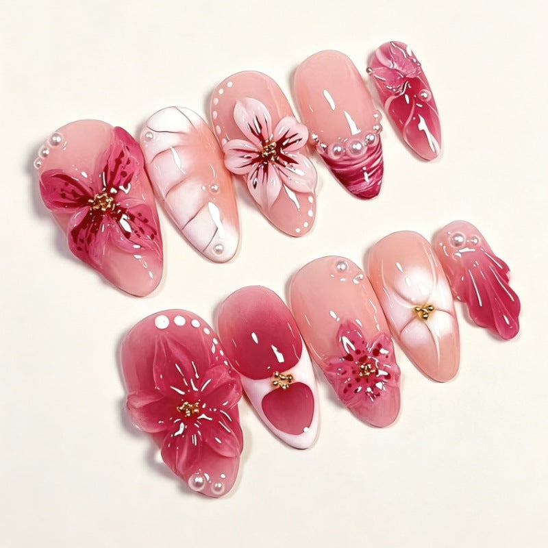 Floral Fantasy Medium Almond Pink Press on Nail Set with Beautiful Hand-Painted Floral Designs