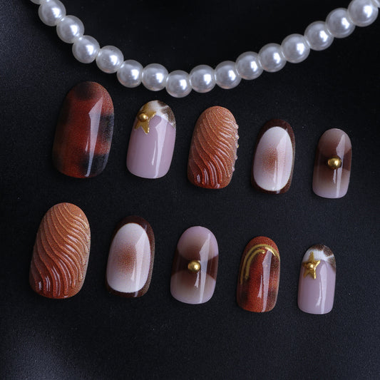 Celestial Glamour Short Oval Brown Gradient with Textured Design Press On Nail Set