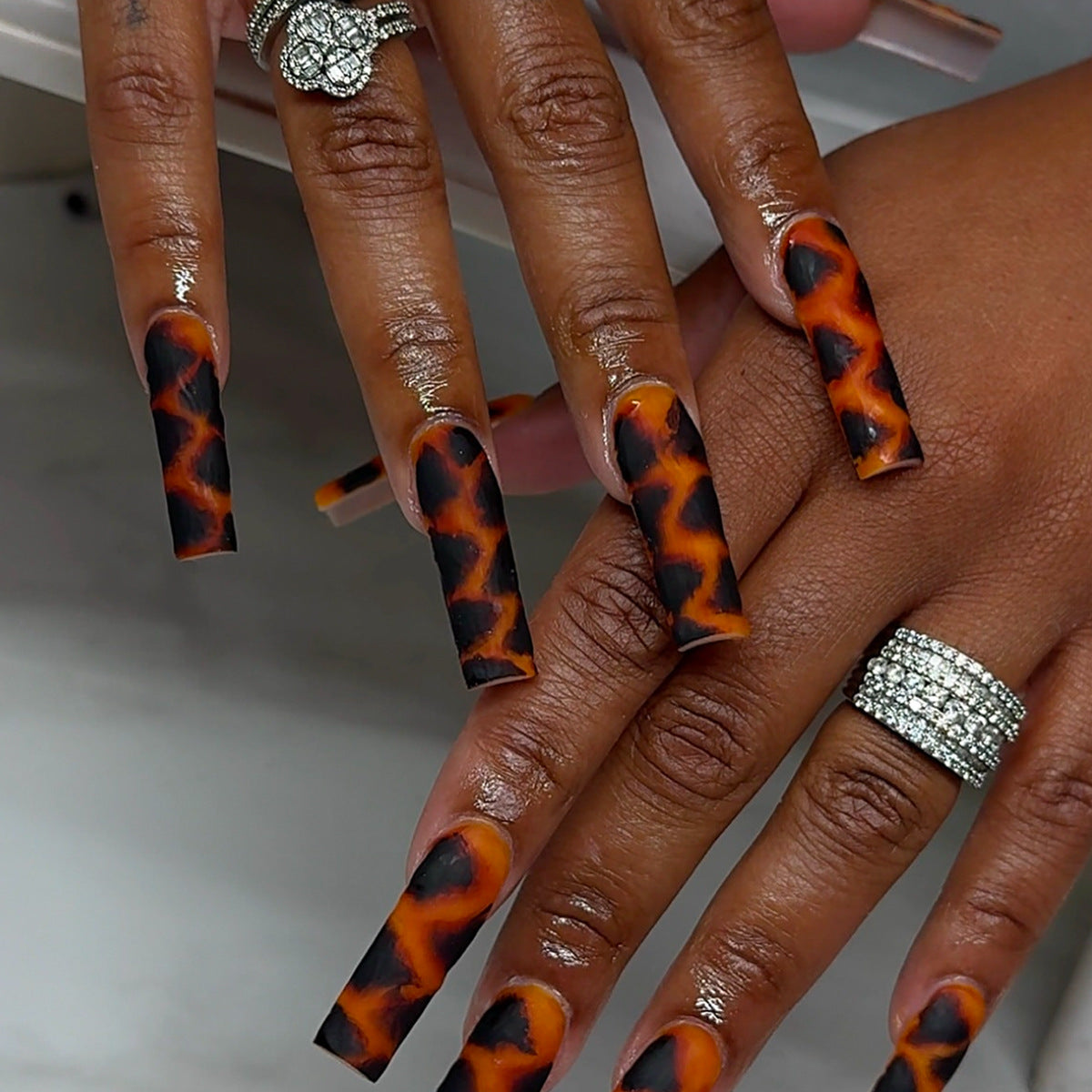 Wildfire Elegance Long Square Orange and Black Abstract Pattern Press on Nail Set