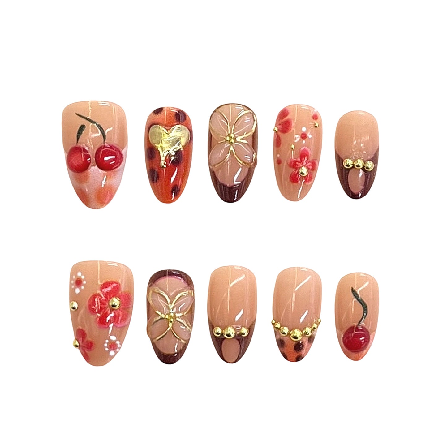 Cherry Blossom Fantasy Long Almond Pink and Brown Floral Detailing with Gold Accents Press-On Nail Set