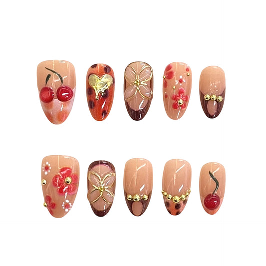 Cherry Blossom Fantasy Long Almond Pink and Brown Floral Detailing with Gold Accents Press-On Nail Set