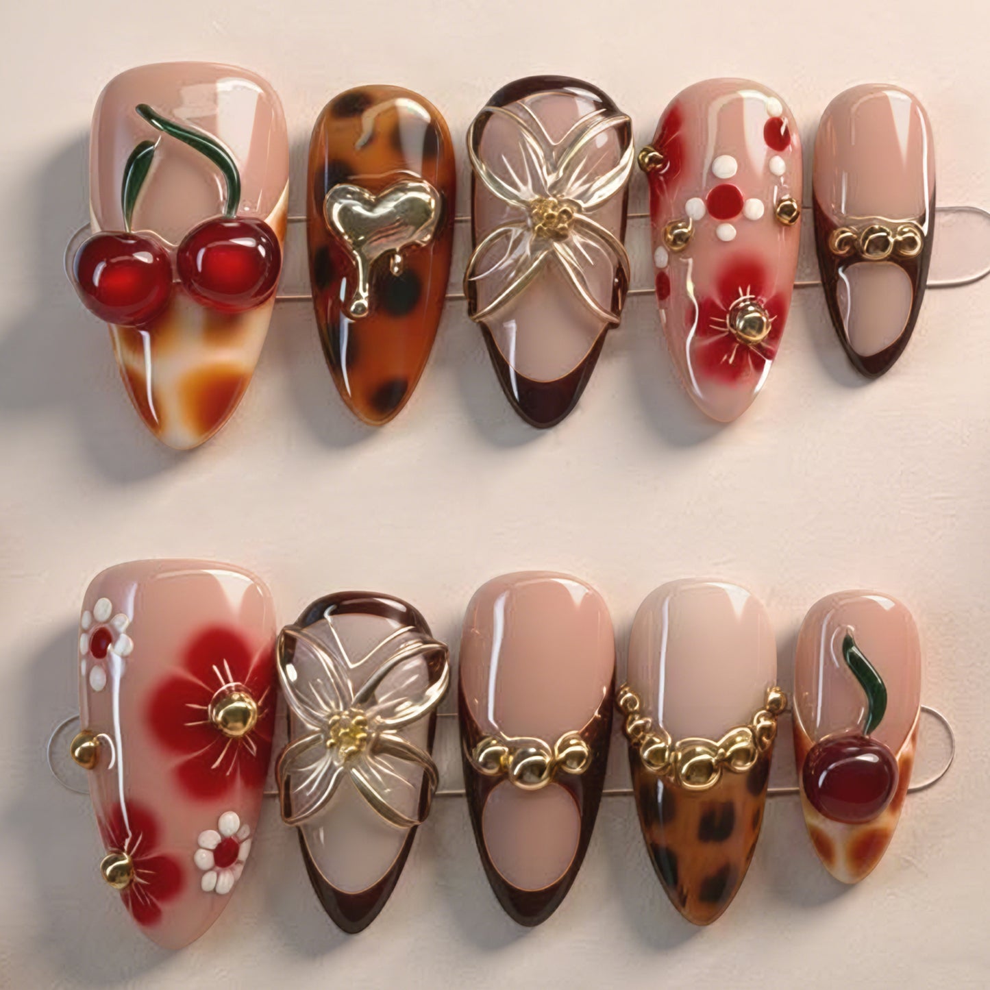 Charming Blossom Elegant Medium Almond Length Soft Pink with Floral and Cherry Adornments Press-On Nail Set