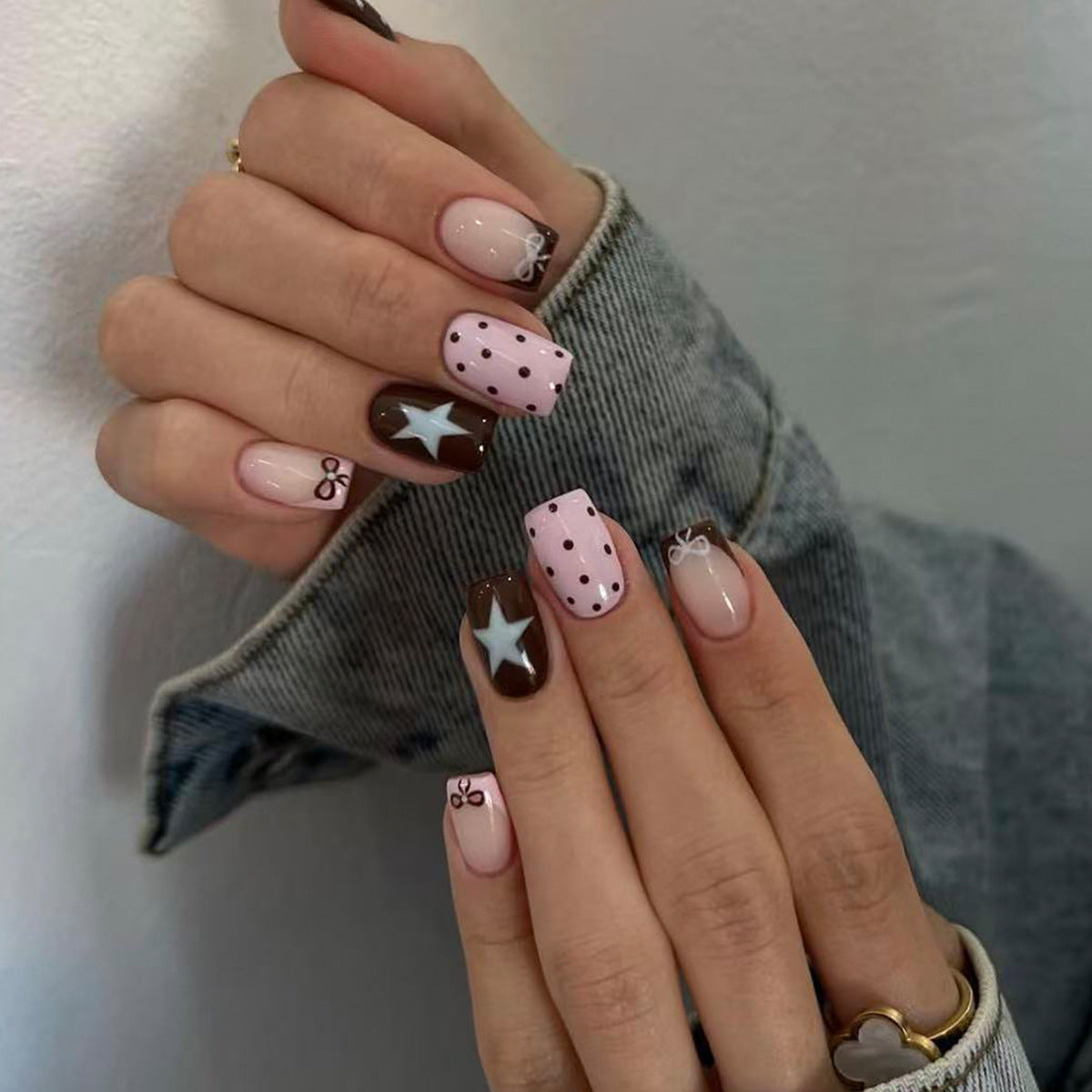 Sweet Chocolate Delight Short Square Pink and Brown Press On Nail Set with Star and Bow Accents