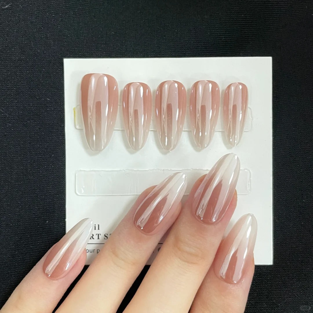 Elegant Serenity Long Oval Beige Ombre Press On Nail Set with Glossy Finish