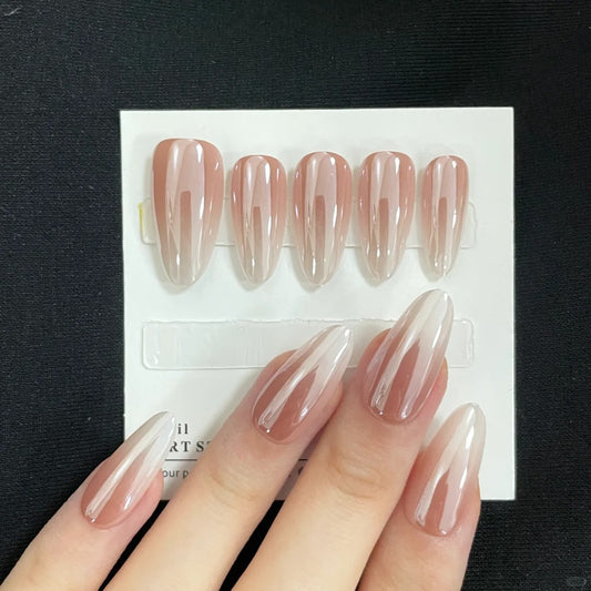 Elegant Serenity Long Oval Beige Ombre Press On Nail Set with Glossy Finish