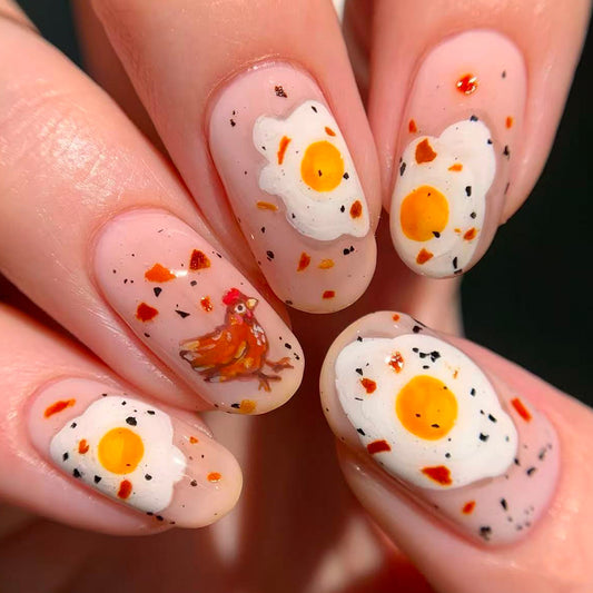 Charming Farmhouse Vibe Medium Oval Peachy Nails with Chicken and Egg Design