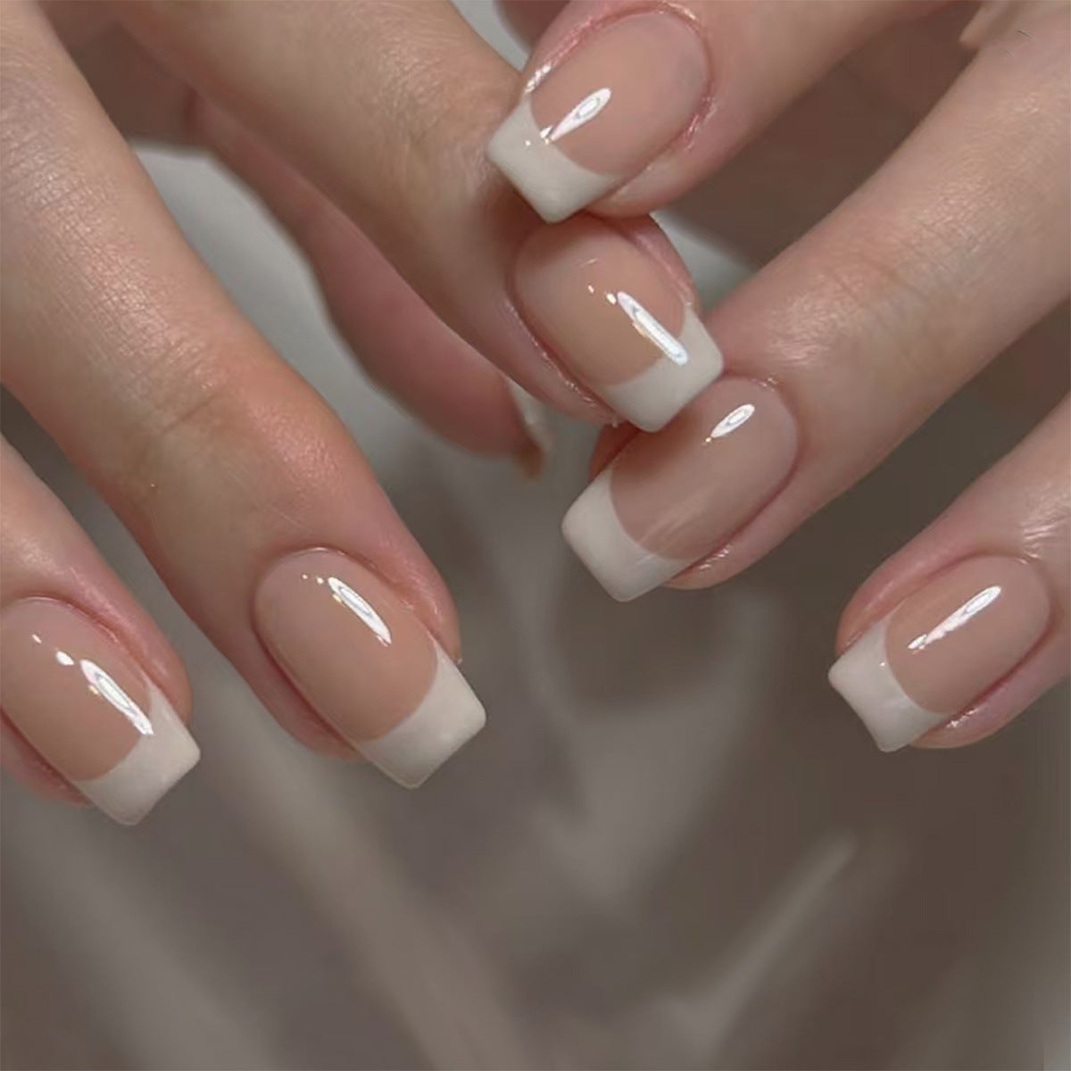 Elegant Serenity Short Square Beige with French Tip Design Nail Set