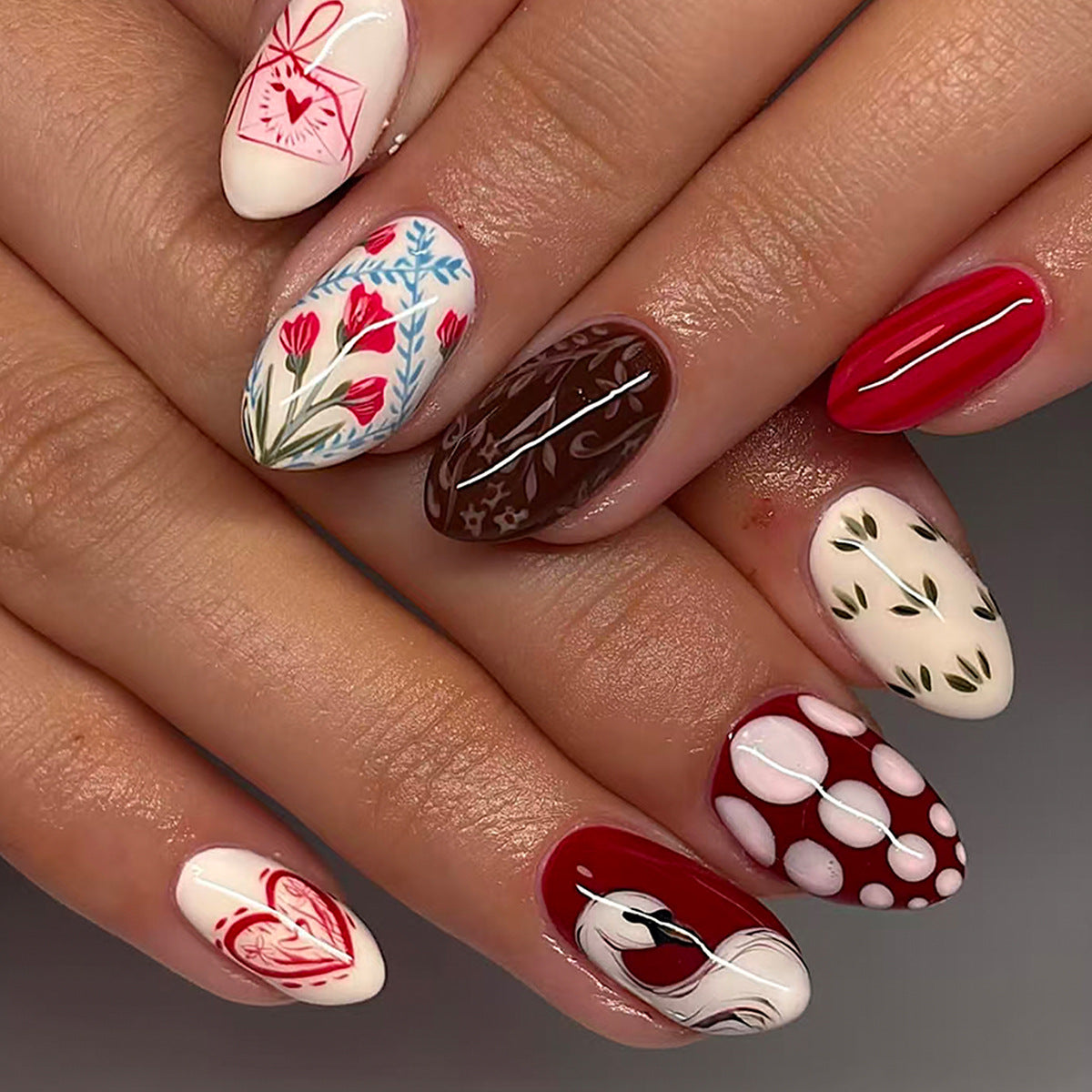 Whimsical Floral Medium Almond Red and Cream Artistry Press On Nail Set