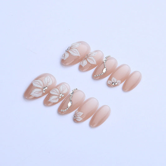 Blossom Bliss Short Almond Beige with Floral Nail Art