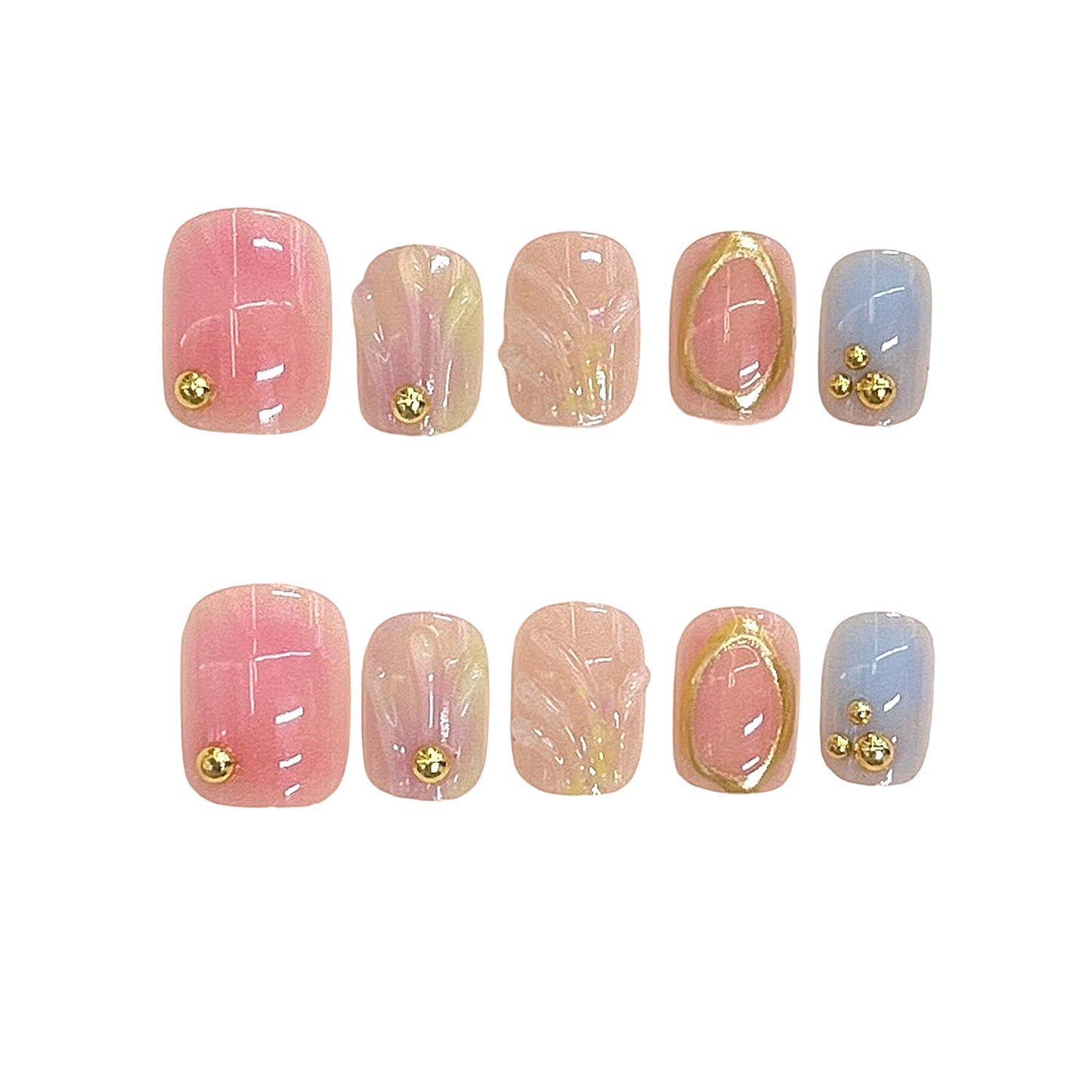 Whimsical Garden Short Square Pink and Blue Press on Nail Set with Elegant Gold Accents and Unique Texture