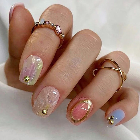 Whimsical Pastel Short Square Multi-Colored with Glittering Accents Press on Nail Set
