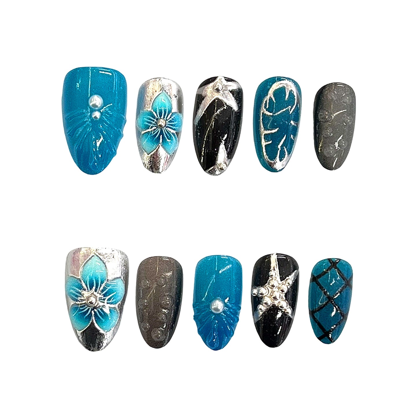 Ocean Breeze Medium Almond Turquoise and Black Gradient with Floral Accents Nail Set