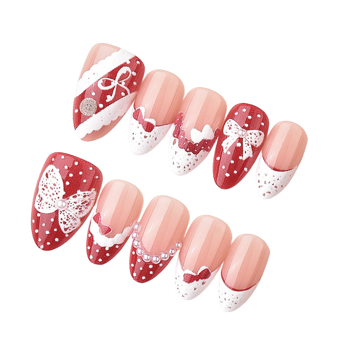 Charming Romantic Medium Almond Shape Red Press On Nail Set Featuring Bow and Dot Designs