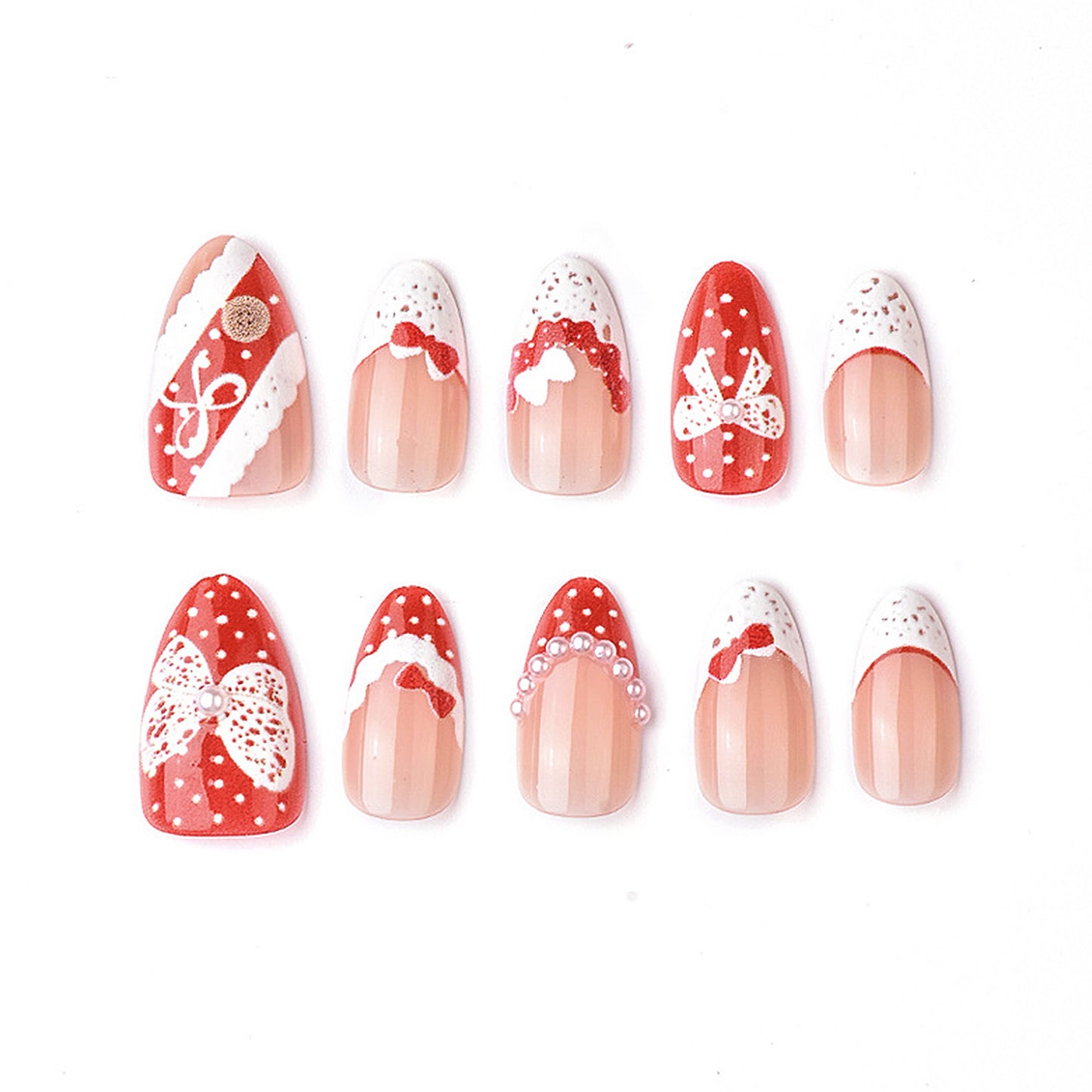 Holiday Cheer Red Medium Almond Shaped Press On Nail Set with Festive Bow Designs