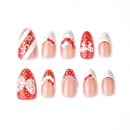 Holiday Cheer Red Medium Almond Shaped Press On Nail Set with Festive Bow Designs