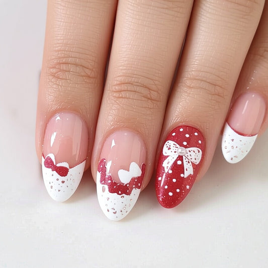 Sweetheart Glamour Medium Almond Red and White Nail Set with Charming Bow Accents