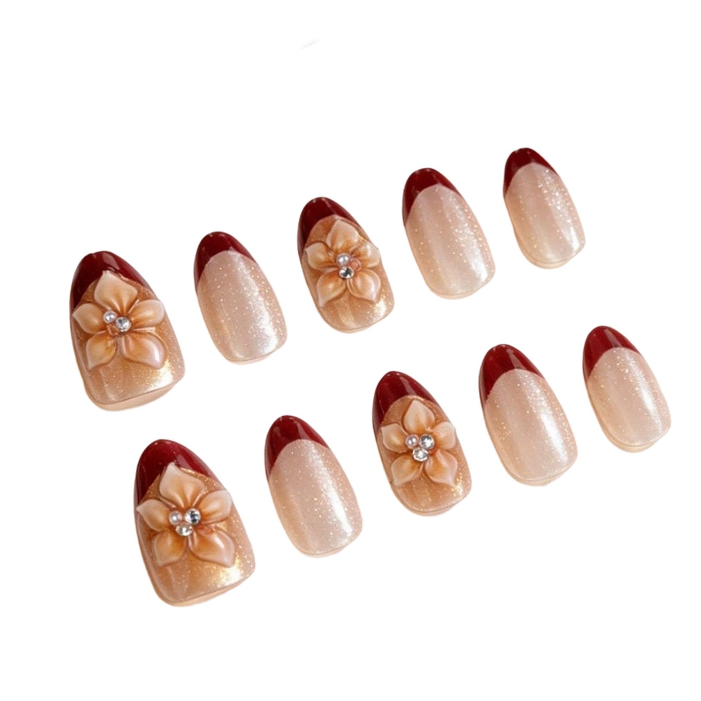 Elegant Floral Romance Medium Almond Champagne and Burgundy Press-On Nail Set with Glamorous Flower Accents