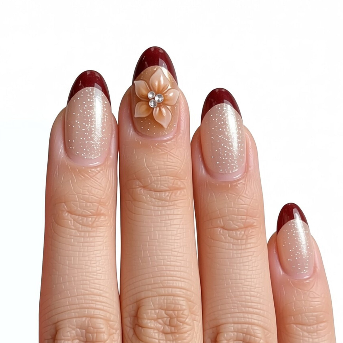 Floral Elegance Press On Nail Set Medium Almond Shape Soft Beige with Dark Red Tips and Elegant Floral Accent