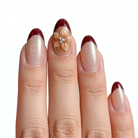 Floral Elegance Press On Nail Set Medium Almond Shape Soft Beige with Dark Red Tips and Elegant Floral Accent
