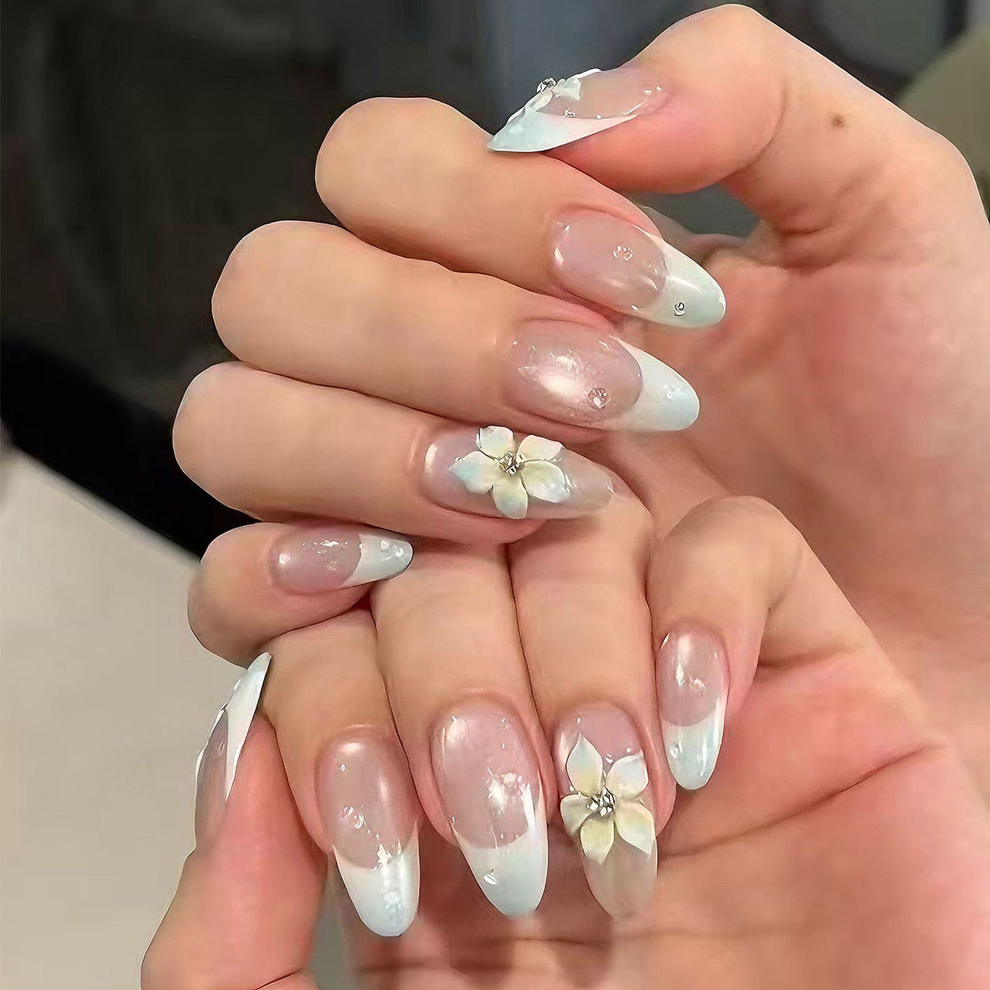 Blossom Serenity Medium Almond Blue Ombre Floral Press On Nail Set